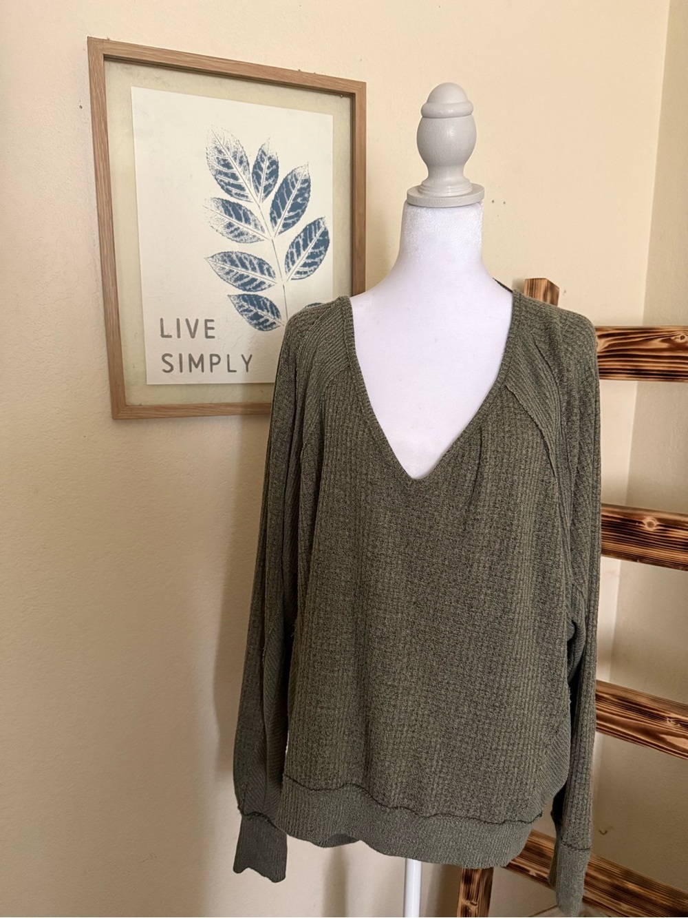 We The Free Olive Green Knit V-Neck Sweater
